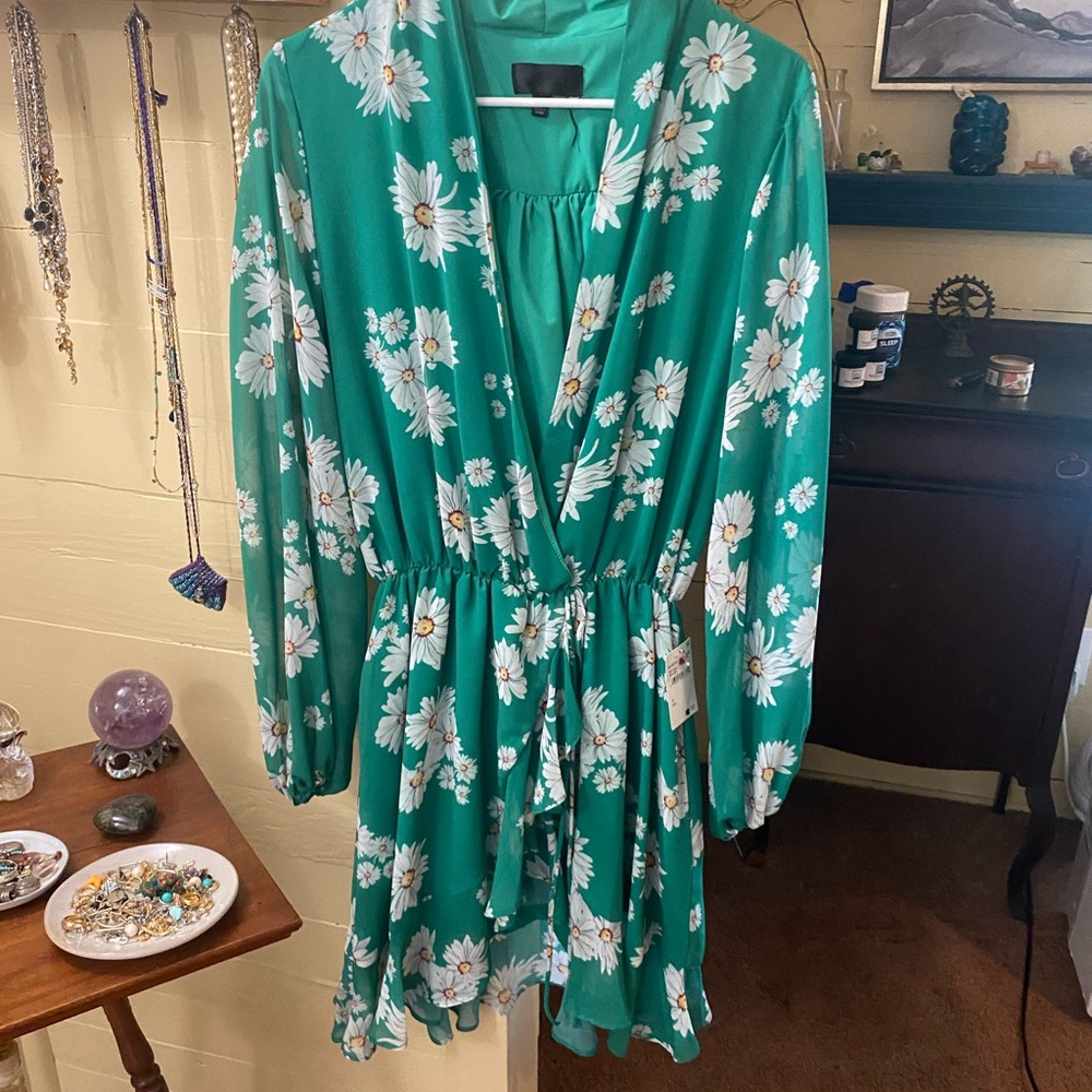 Nordstrom Green Plunge Neck Bishop Sleeve Sundress